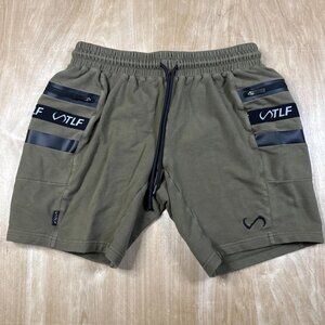 TLF Mens Army Green Athletic Drawstring Elastic Waist Zipper Pocket Shorts M.
